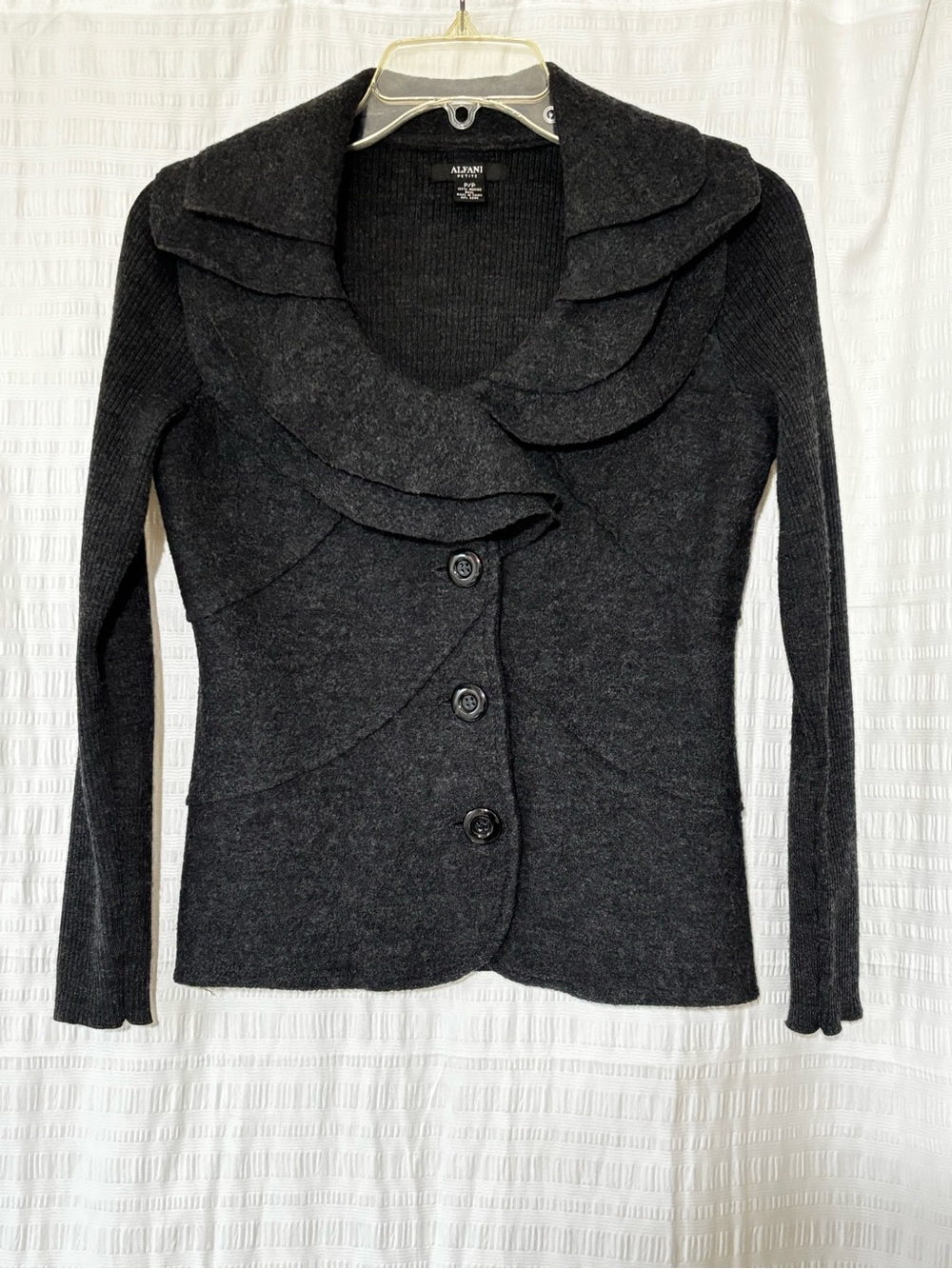 Alfani 100% Merino Wool Ruffle Cardigan Sweater Sz Small Petite